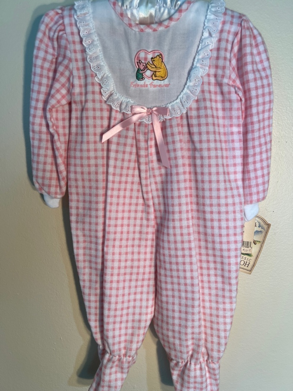 Vintage Winnie The Pooh Pink Gingham Kids Pajamas with Embroidered Detail